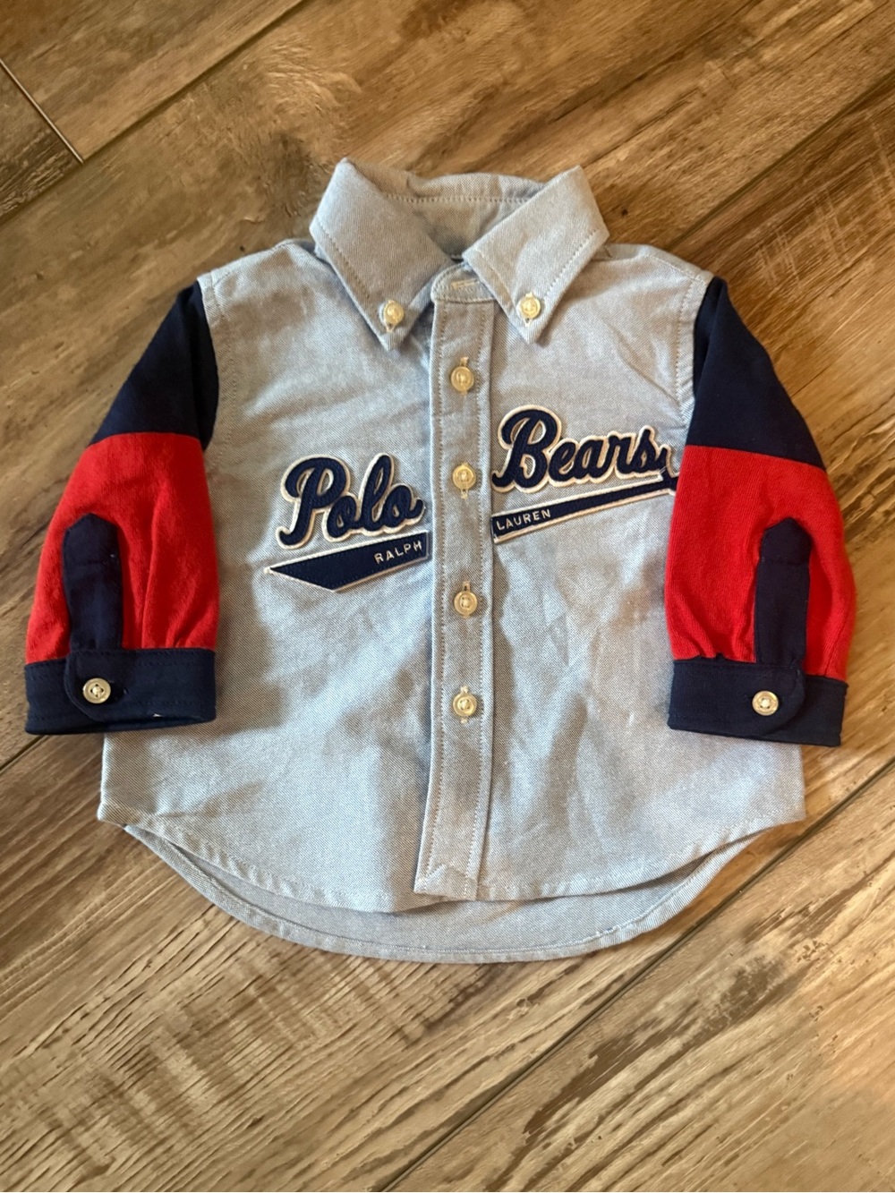 Ralph Lauren Baby Boys Polo Bears Button Down Shirt 3M Blue Red Logo Preppy